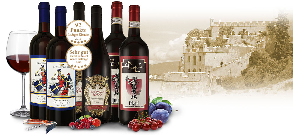 Weinpaket mit 6 köstlichen Rotweinen von kleinen Castellos Italiens